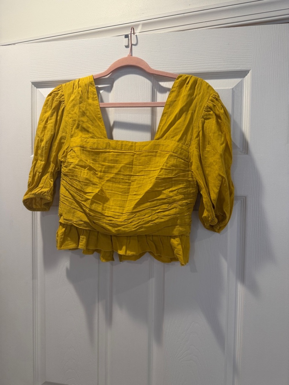 Tularosa Mustard Puff Sleeve Square Neck Cropped Blouse